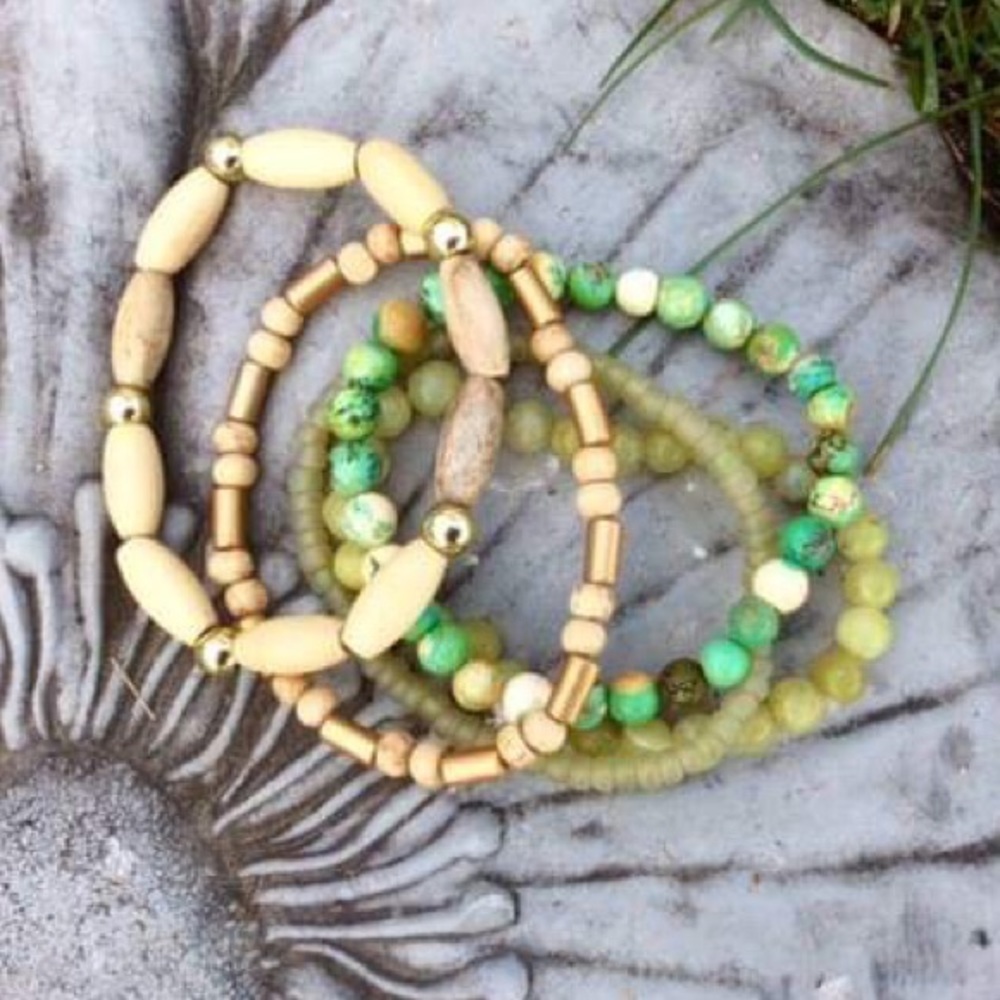 5pc Gemstone, Wood, and Glass Bracelet Set